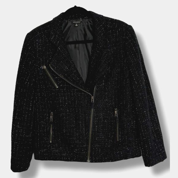 I Heart Ronson Black Metallic Tweed Moto Blazer Women’s XL Asymmetrical Zip - Picture 1 of 5
